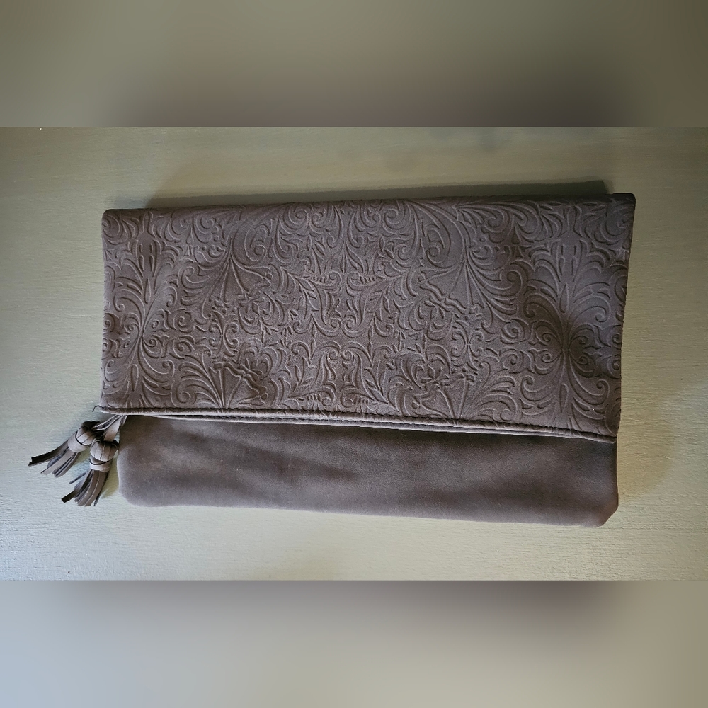Ion color brilliance grey embossed suede clutch